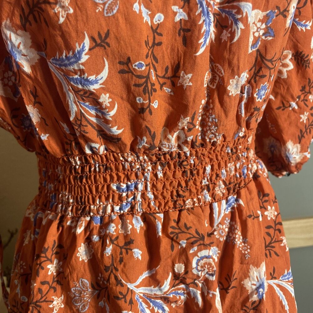 Forever 21 Orange Rust Floral Boho Dress Crochet Neckline Size Medium Short Mini - Picture 4 of 7